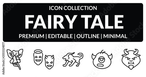 Photography outline fairy tale icons set - fairy, antagonist, cyclops, beast