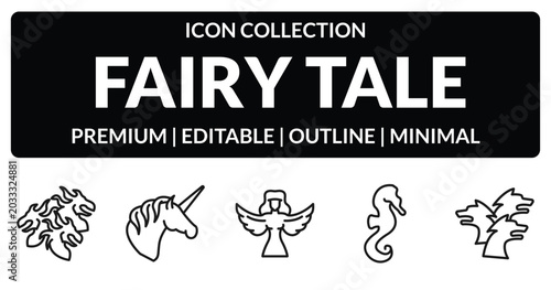 Obraz na płótnie outline fairy tale icons set - hydra, unicorn, seahorses, cerberus