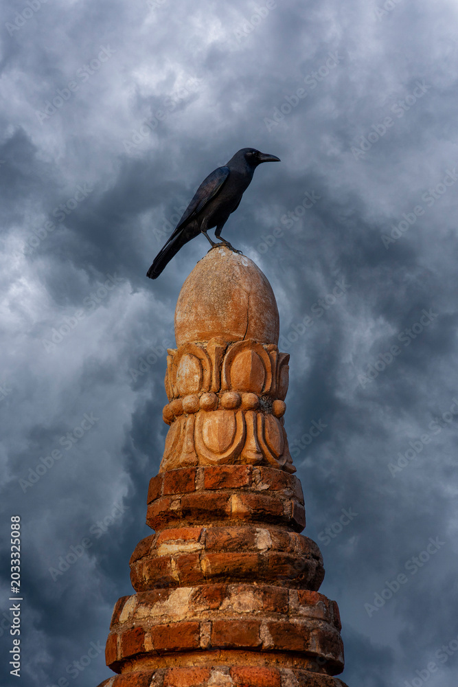 Fototapeta premium Black crow perched on top of an ancient buddhist pagoda spire in Myanmar. A large black crow sits on the carved stone finial of traditional brick stupa under a dramatic stormy sky in Bagan, Burma