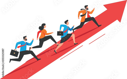 Business professionals running up a red arrow symbolizing growth and success in a corporate setting