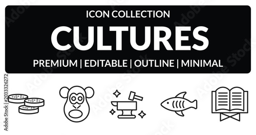 Canvas Print outline cultures icons set - mantecados, chimp face of brazil, marine fish, quran book