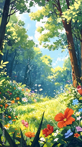 Lush forest meadow with wildflowers and sunlight streaming through trees