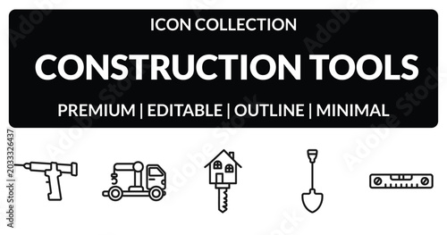 Fotografie outline construction tools icons set - sealant gun, truck with crane, spade, plumb rule tool