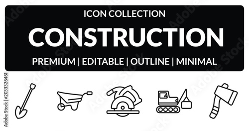 Foto outline construction icons set - spade tool, wheel barrow, derrick with box, inclined ax