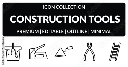 Photos outline construction tools icons set - paint bucket, staple gun, plier, ladder