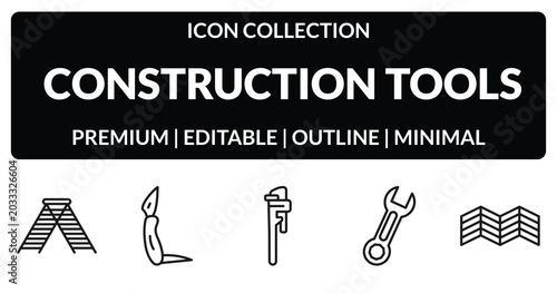 фотографія outline construction tools icons set - double ladder, jackknife, round wrench, parquet