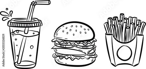 Photos Hand drawn black and white vector illustration of fast food doodle art set with