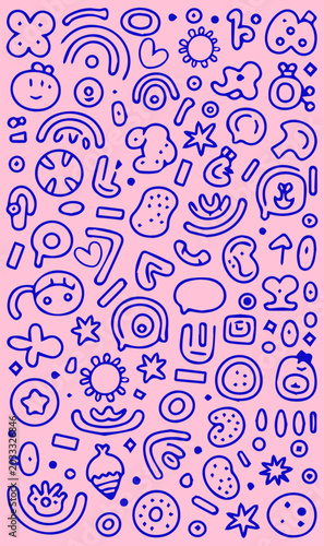 Cute doodle pink background with hearts, stars, food, sun, speech bubbles and face creative symbols and illustrations