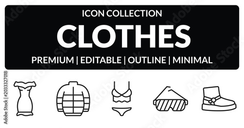 Quadro su tela outline clothes icons set - off the shoulder dress, puffer jacket, shutter sunglasses, wool boots