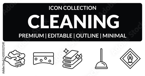 Tableau sur toile outline cleaning icons set - hands, scouring pads, plunger cleanin, oxidizing agent