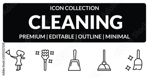 Obraz na płótnie outline cleaning icons set - housekeeping, feather duster, plunger, sweeping