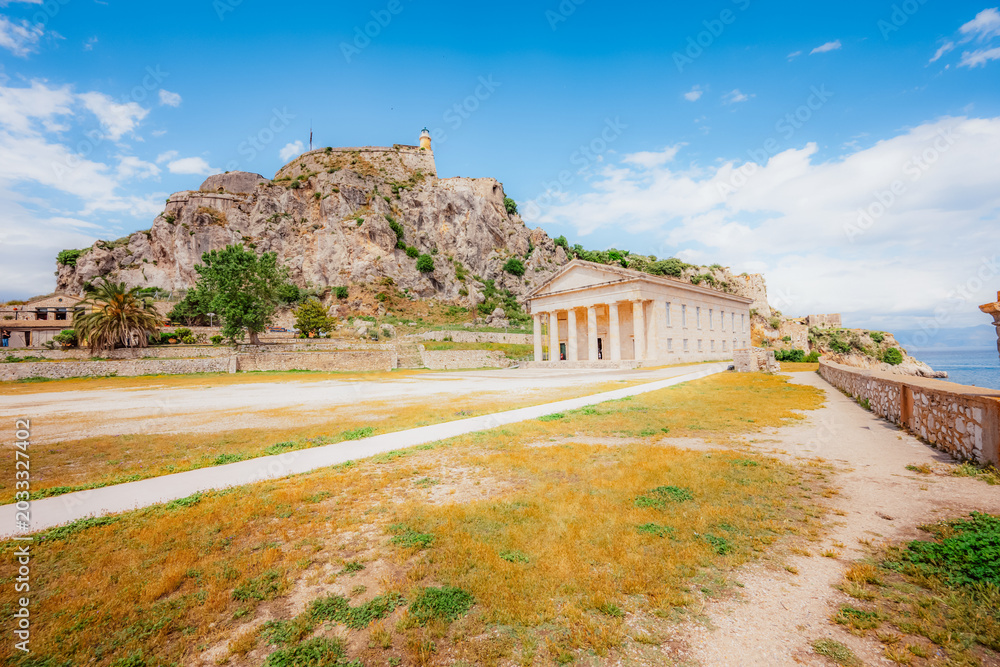 Fototapeta premium Corfu, Greece. Panoramic view on historic buildings and Old Town as seen from old Venetian fortress in cofru city