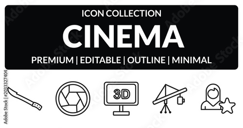 Fotografía outline cinema icons set - hete, camera lens, jimmy jib, cinema celebrity