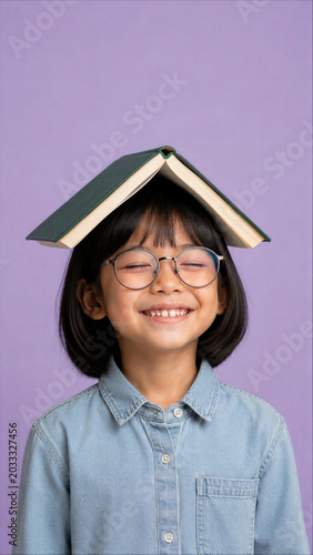 Happy young Asian schoolgirl with eyes closed balancing an open book on her head against a purple background