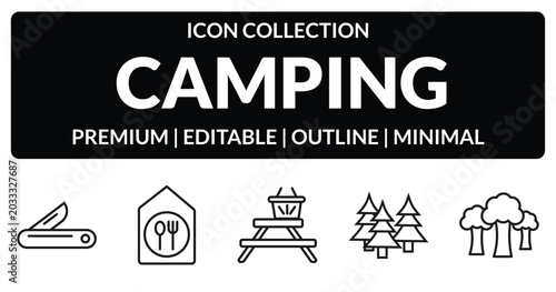Quadro su tela outline camping icons set - pocket knife, canteen, forest, trees