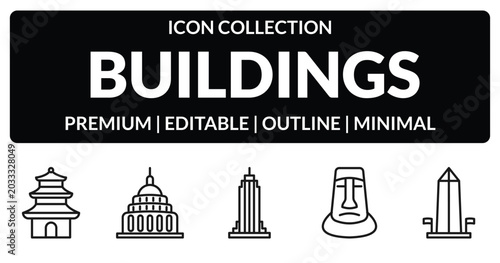 Foto outline buildings icons set - buddhist temple, capitol building, rapa nui, washington monument
