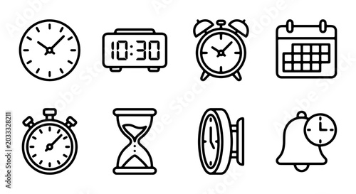 Quadro em tela Time Icons Set: Clock, Stopwatch, Calendar, Hourglass, Alarm, Digital Display, W