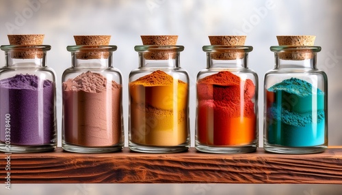 colorful powders in glass jars with corks on a wooden shelf
