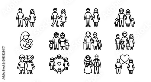 Schilderij op canvas Family Icons Set: Diverse Generations, Relationships, Love, Parenthood, Unity, M