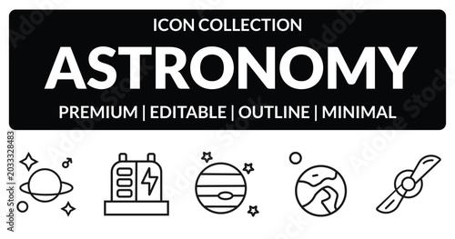 Photography outline astronomy icons set - astrology, generator, earth and moon, airscrew