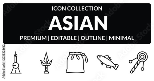 Canvas Print outline asian icons set - oriental pearl tower, sai, carps, bolang gu