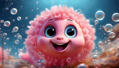 an endearing round pink creature with a joyful expression floats amidst tiny bubbles