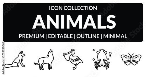 Photography outline animals icons set - fox sitting, coyote, squid, butterfly with wings