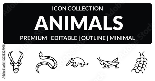 Photography outline animals icons set - elk, copperhead, grasshopper, centipede