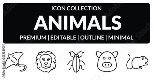 Photography outline animals icons set - stingray, lion, hog, hamster