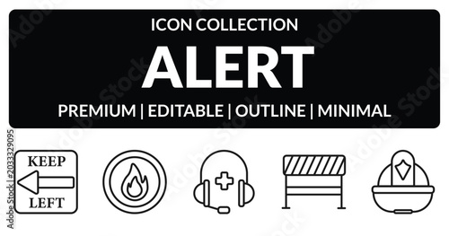 Photos outline alert icons set - keep left, fire button, road blockade, firefighter helmet