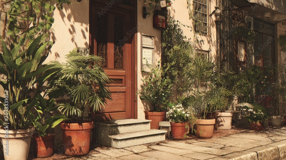 Obraz premium City street shows a tight space with plants in pots.