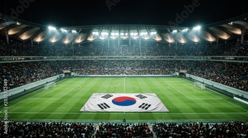 South Korea Flag centered under stadium lights. National banner laid across field amid vibrant crowd and lighting