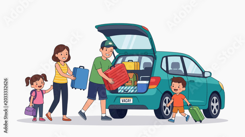 A family loading luggage into a car, ready for a trip. The parents are packing the trunk while their two children, a girl and a boy, stand by with their own bags, eager to depart