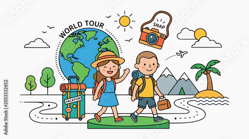 A boy and a girl embarking on a world tour, ready for adventure with their backpacks and luggage.