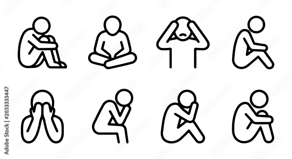 Εκτύπωση καμβά Sadness Icons, Depression Symbols, Loneliness Silhouettes, Mental Health Vector