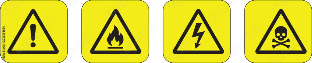 Φωτογραφία Four distinct yellow square hazard warning signs displaying universal symbols fo