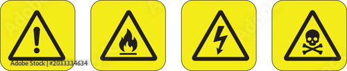 Photos Four distinct yellow square hazard warning signs displaying universal symbols fo