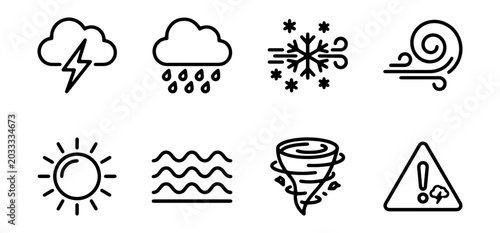 Photos Weather Icons Set: Sun, Rain, Snow, Wind, Storm, Tornado, Warning Symbols