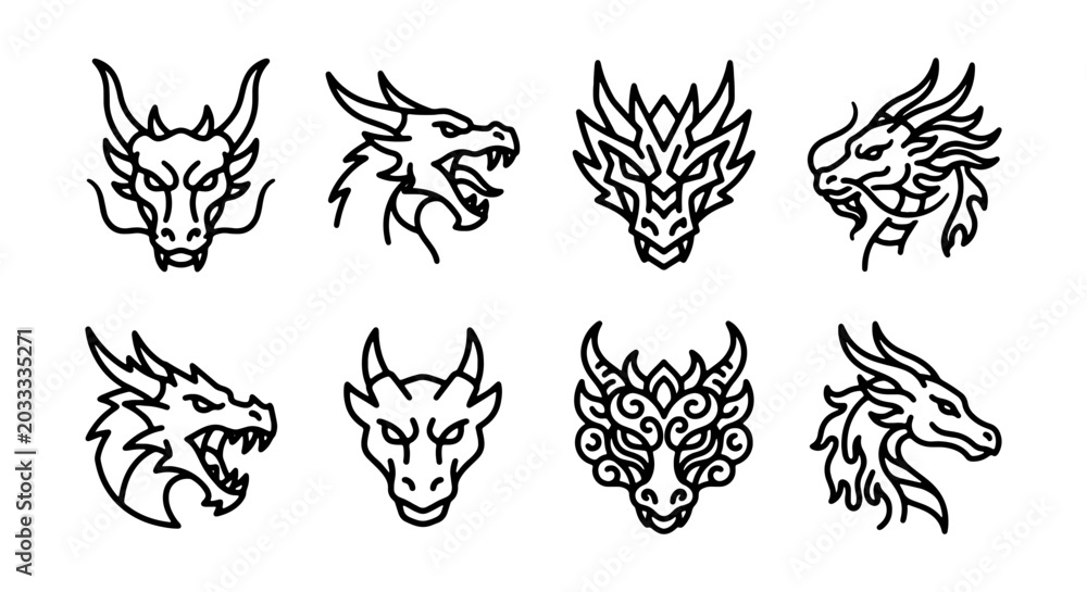 Obraz premium Mythical Dragon Heads Vector Set, 8 Detailed Line Art Illustrations, Fantasy Creature Icons