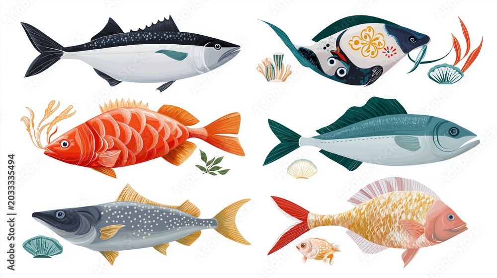 Obraz premium Colorful illustrations of various fish including salmon and grouper.