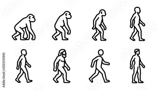 Bilde på lerret Human evolution theory line icons set, 8 vector symbols of primate to man progre