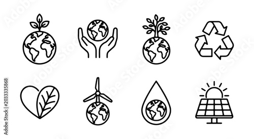 Fotografía Eco friendly line icons set, sustainable energy and environmental conservation s