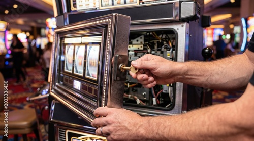 Casino technician using a key to open the front display panel of a modern slot machine for maintenance