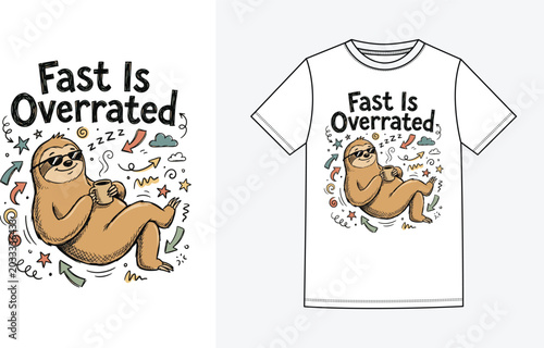 Foto Funny Doodle Sloth Illustration with Fast Is Overrated Typography T-Shirt Design