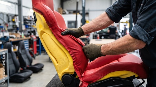 Upholstery worker stretching red perforated leather over a yellow foam car seat cushion in a workshop