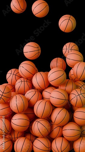 3D animation of multiple basketball balls falling and filling the screen, forming a pile. Smooth and realistic motion with shadow. Seamless loop. Isolated on transparent background. Perfect for sports