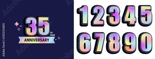 Set of anniversary holographic logo for every decade with template for anniversary 35 years. Elegant card for event with numbers. Design for web,poster,banner,flyer,party,wedding, invitation. Vector