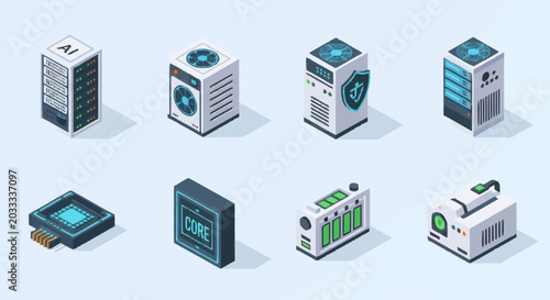 Fotografía Isometric illustration of various server units and computer hardware elements on a light blue background