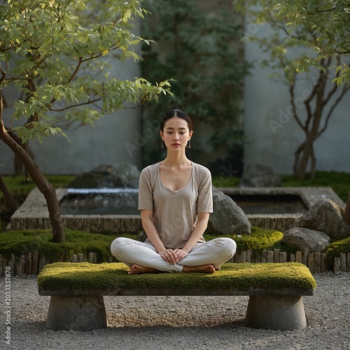Calm individual seated in a minimalist Japanese garden, embracing tranquility.