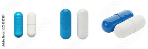 Photos Set and collection of medical blue and white capsule pills medication antibiotic